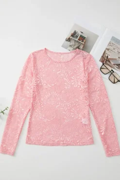 Best Dear-Lover Floral Lace Sheer Long Sleeve Top Blossom