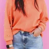Outlet Dear-Lover Pearled Sleeves Drop Shoulder Round Neck Pullover Sweatshirt Blossom