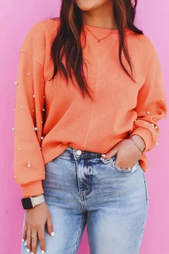 Outlet Dear-Lover Pearled Sleeves Drop Shoulder Round Neck Pullover Sweatshirt Blossom