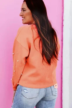 Outlet Dear-Lover Pearled Sleeves Drop Shoulder Round Neck Pullover Sweatshirt Blossom