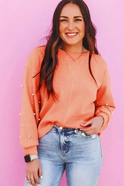 Outlet Dear-Lover Pearled Sleeves Drop Shoulder Round Neck Pullover Sweatshirt Blossom