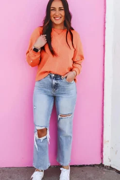 Outlet Dear-Lover Pearled Sleeves Drop Shoulder Round Neck Pullover Sweatshirt Blossom