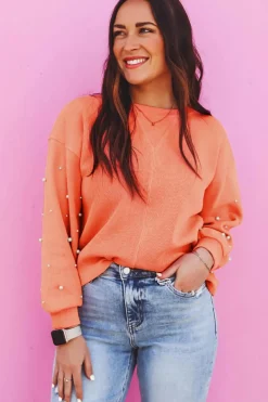 Outlet Dear-Lover Pearled Sleeves Drop Shoulder Round Neck Pullover Sweatshirt Blossom