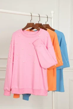 Outlet Dear-Lover Pearled Sleeves Drop Shoulder Round Neck Pullover Sweatshirt Blossom