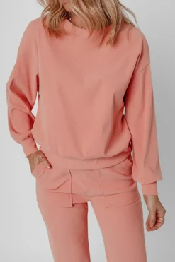 New Dear-Lover Ribbed Knit Drop Shoulder Pocketed Two Piece Lounge Set Blossom