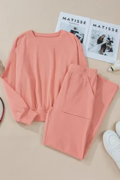 New Dear-Lover Ribbed Knit Drop Shoulder Pocketed Two Piece Lounge Set Blossom