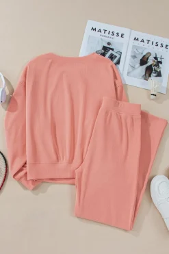 New Dear-Lover Ribbed Knit Drop Shoulder Pocketed Two Piece Lounge Set Blossom