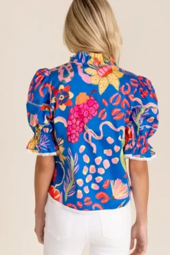 Hot Dear-Lover Abstract Print Frilled Collar Ruffled Puff Short Sleeve Top Blue