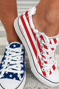 New Dear-Lover American Flag Lace-up Canvas Flat Shoes Blue