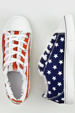New Dear-Lover American Flag Lace-up Canvas Flat Shoes Blue
