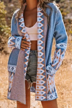 Fashion Dear-Lover Aztec Print Open Front Knitted Cardigan Blue