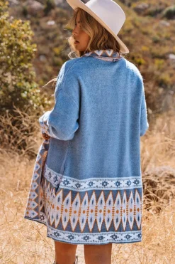 Fashion Dear-Lover Aztec Print Open Front Knitted Cardigan Blue