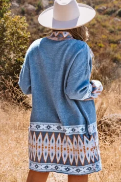Fashion Dear-Lover Aztec Print Open Front Knitted Cardigan Blue