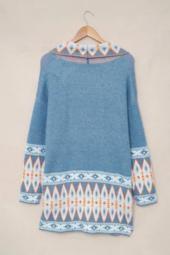 Fashion Dear-Lover Aztec Print Open Front Knitted Cardigan Blue