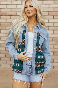 Outlet Dear-Lover Aztec Printed Denim Jacket Blue
