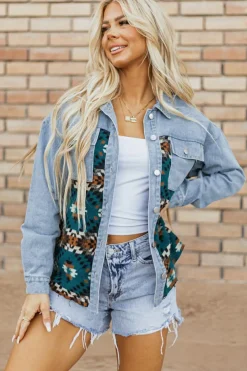 Outlet Dear-Lover Aztec Printed Denim Jacket Blue