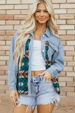 Outlet Dear-Lover Aztec Printed Denim Jacket Blue