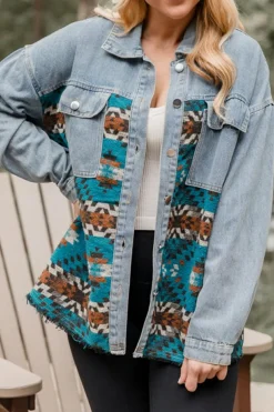 Outlet Dear-Lover Aztec Printed Denim Jacket Blue