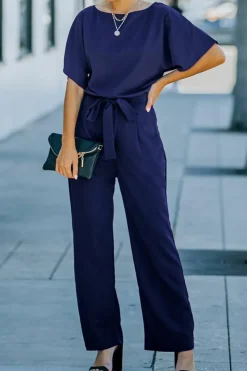 New Dear-Lover Belted Wide Leg Jumpsuit Blue
