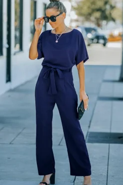New Dear-Lover Belted Wide Leg Jumpsuit Blue