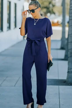 New Dear-Lover Belted Wide Leg Jumpsuit Blue