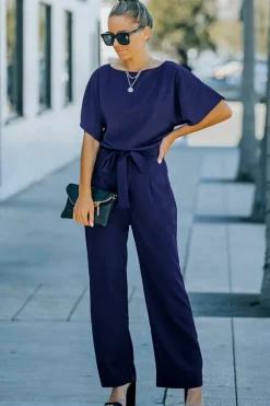 New Dear-Lover Belted Wide Leg Jumpsuit Blue