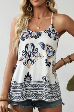 Clearance Dear-Lover Bohemian Fashion Print Spaghetti Straps Loose Tank Blue