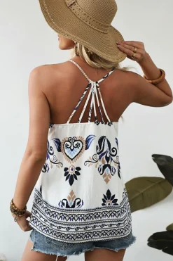 Clearance Dear-Lover Bohemian Fashion Print Spaghetti Straps Loose Tank Blue
