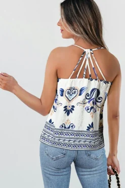 Clearance Dear-Lover Bohemian Fashion Print Spaghetti Straps Loose Tank Blue