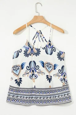 Clearance Dear-Lover Bohemian Fashion Print Spaghetti Straps Loose Tank Blue
