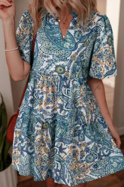 Best Dear-Lover Bohemian Paisley Floral V Neck Short Sleeve Mini Dress Blue