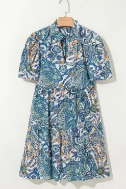 Best Dear-Lover Bohemian Paisley Floral V Neck Short Sleeve Mini Dress Blue
