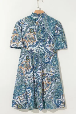 Best Dear-Lover Bohemian Paisley Floral V Neck Short Sleeve Mini Dress Blue