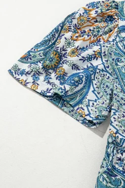 Best Dear-Lover Bohemian Paisley Floral V Neck Short Sleeve Mini Dress Blue