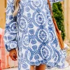 Clearance Dear-Lover Boho Floral Embroidered Notch V Neck Shift Mini Dress Blue