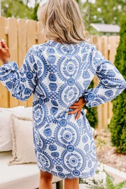 Clearance Dear-Lover Boho Floral Embroidered Notch V Neck Shift Mini Dress Blue