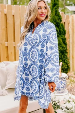 Clearance Dear-Lover Boho Floral Embroidered Notch V Neck Shift Mini Dress Blue