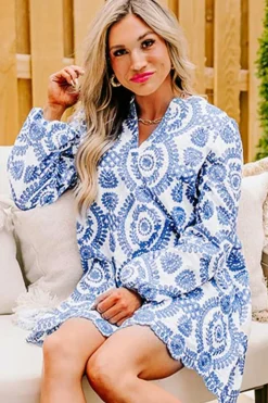 Clearance Dear-Lover Boho Floral Embroidered Notch V Neck Shift Mini Dress Blue