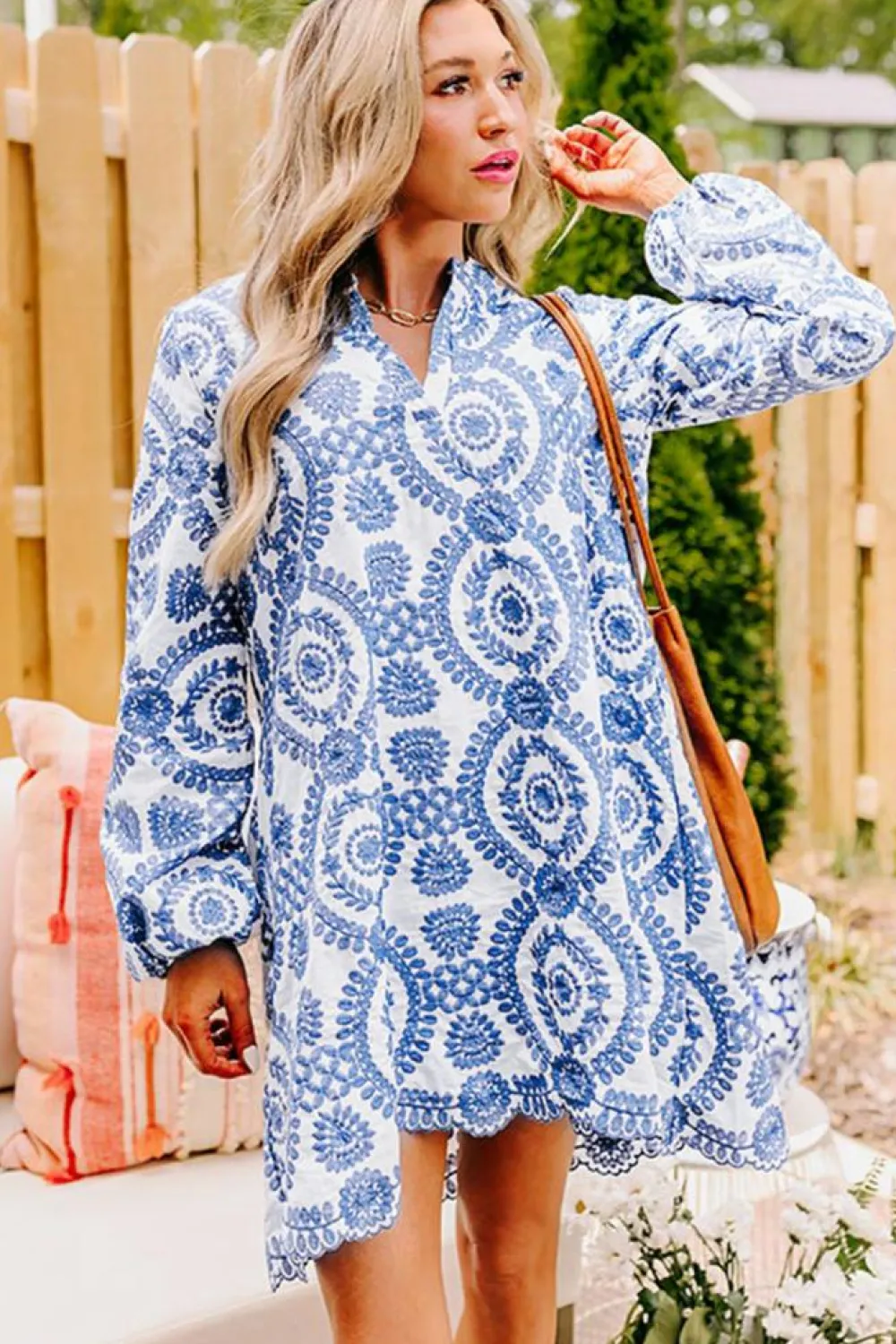 Clearance Dear-Lover Boho Floral Embroidered Notch V Neck Shift Mini Dress Blue