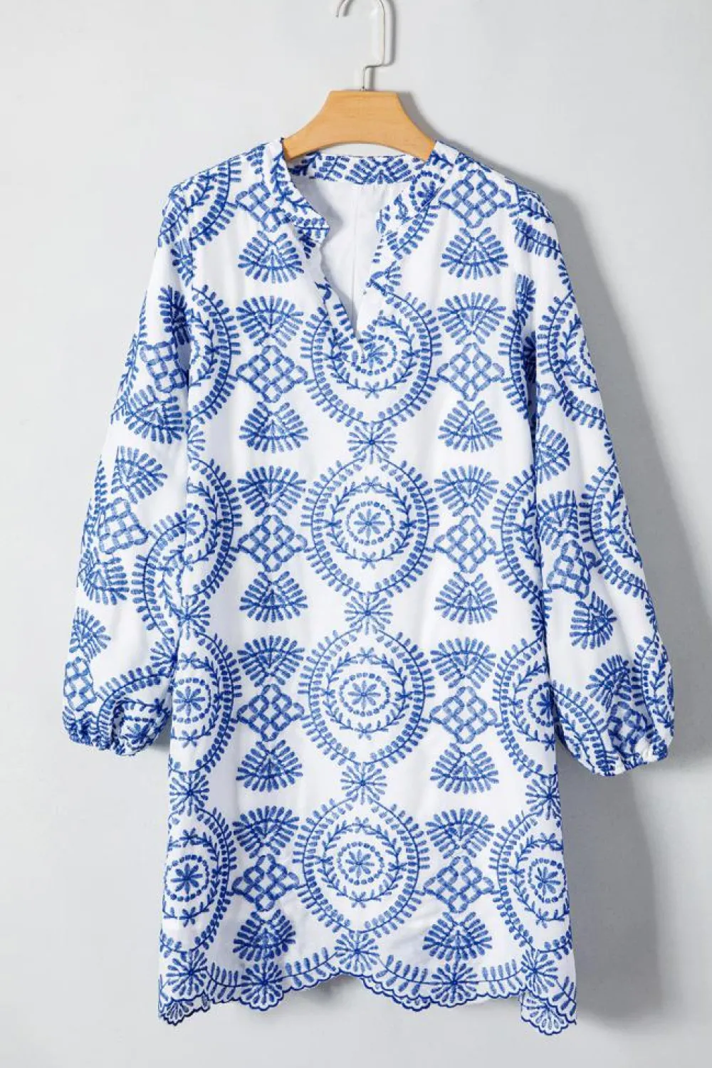 Clearance Dear-Lover Boho Floral Embroidered Notch V Neck Shift Mini Dress Blue