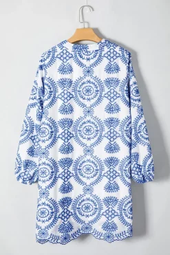 Clearance Dear-Lover Boho Floral Embroidered Notch V Neck Shift Mini Dress Blue