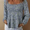 Discount Dear-Lover Boho Floral Print Smocked Square Neck Loose Fit Blouse Blue