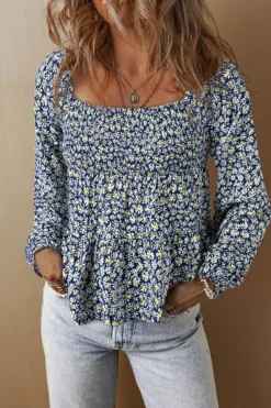 Discount Dear-Lover Boho Floral Print Smocked Square Neck Loose Fit Blouse Blue