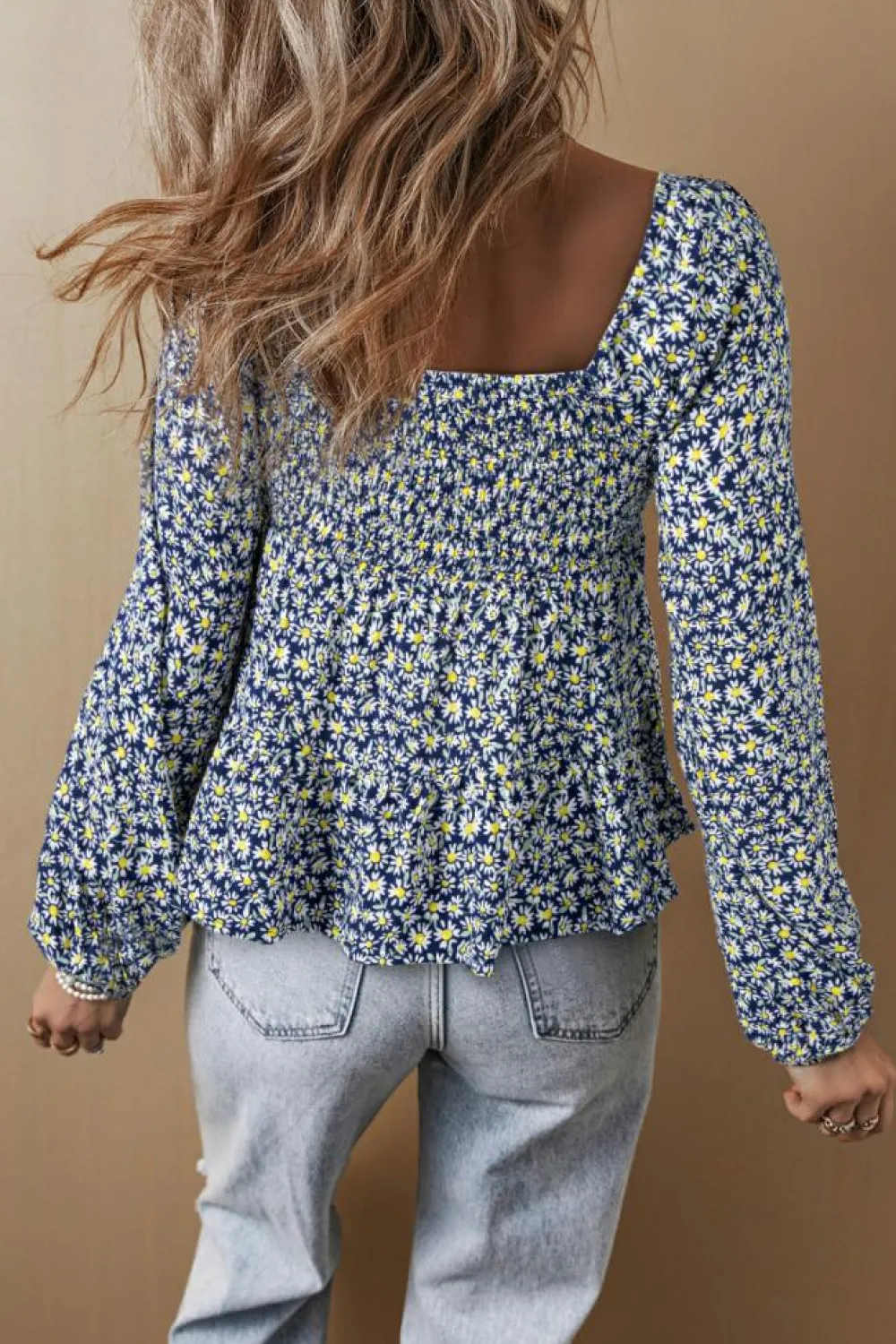 Discount Dear-Lover Boho Floral Print Smocked Square Neck Loose Fit Blouse Blue