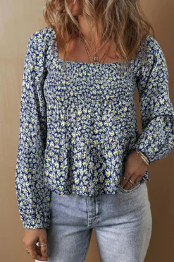 Discount Dear-Lover Boho Floral Print Smocked Square Neck Loose Fit Blouse Blue