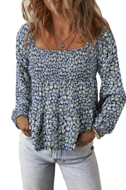 Discount Dear-Lover Boho Floral Print Smocked Square Neck Loose Fit Blouse Blue