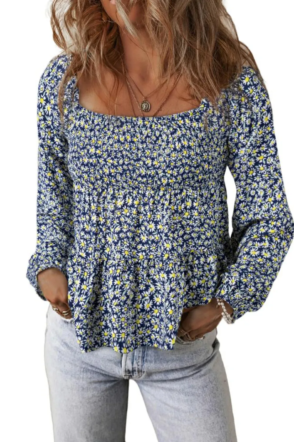 Discount Dear-Lover Boho Floral Print Smocked Square Neck Loose Fit Blouse Blue