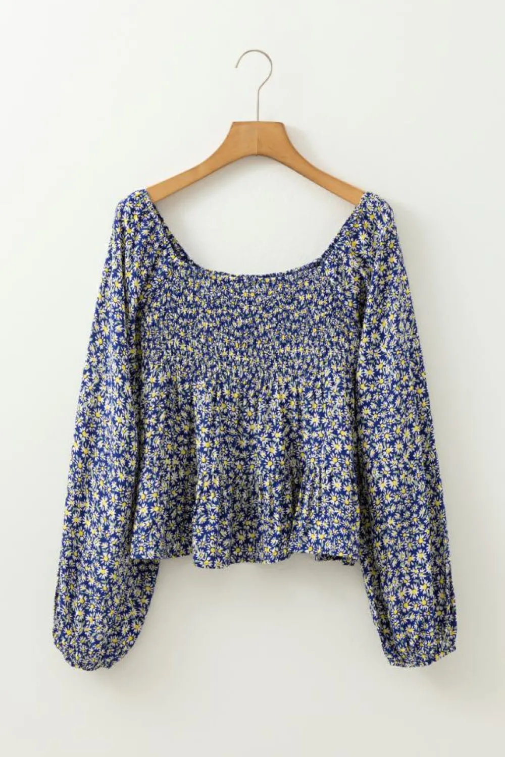 Discount Dear-Lover Boho Floral Print Smocked Square Neck Loose Fit Blouse Blue