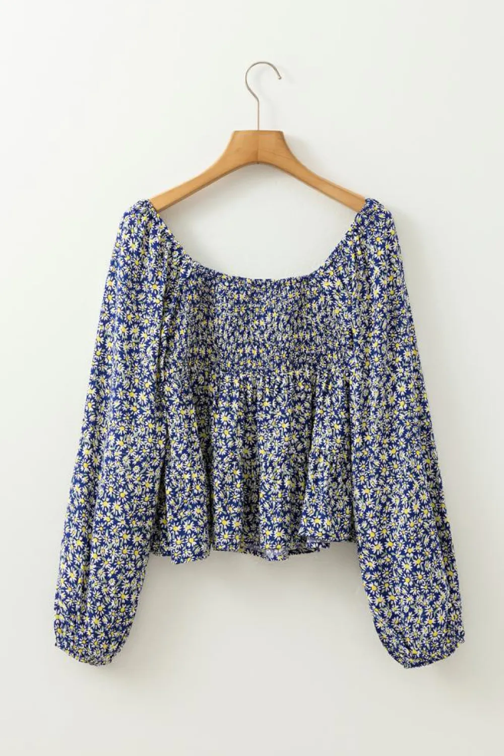 Discount Dear-Lover Boho Floral Print Smocked Square Neck Loose Fit Blouse Blue