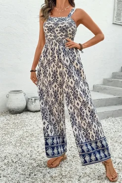 Fashion Dear-Lover Boho Geometric Print Shirred High Waist Wide Leg Jumpsuit Blue